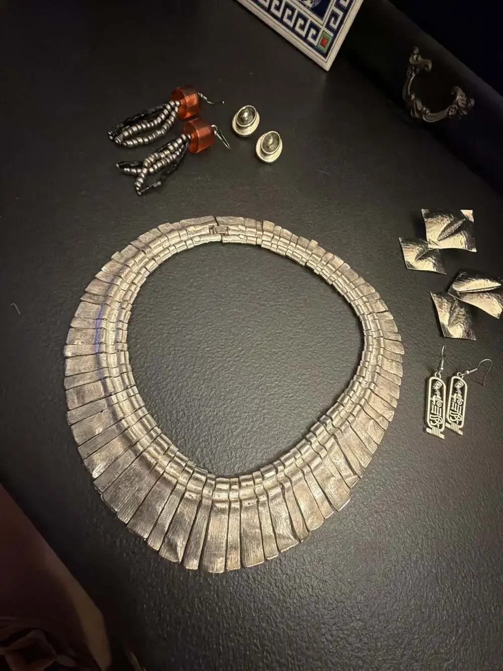 Vintage Brutalist Silver-Tone Paneled Collar Necklace and Assorted Earring Lot